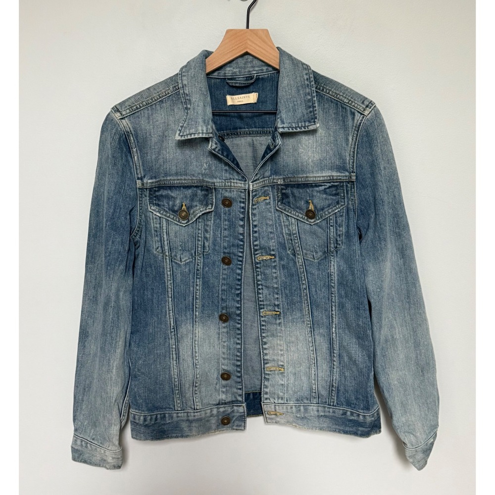AllSaints Men Inverness Distressed Denim Jacket Blue Cotton Size Small Slim Fit